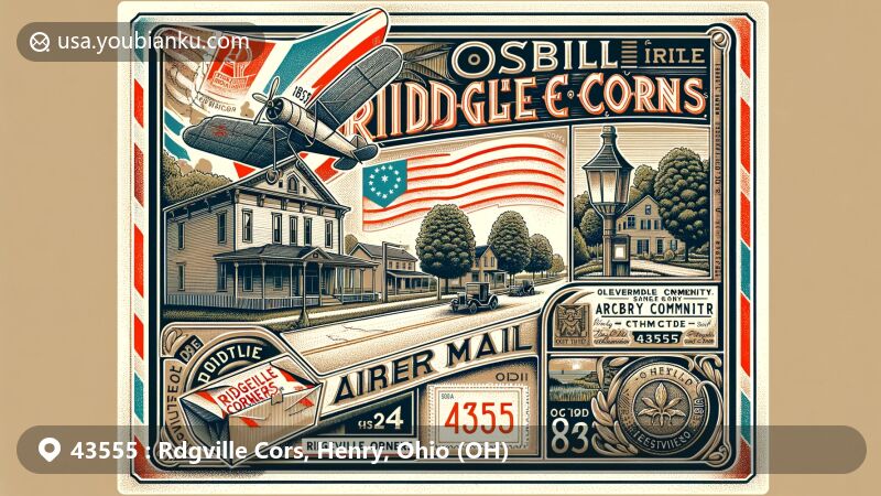 Modern illustration of Ridgeville Corners, Ohio, featuring vintage air mail envelope with ZIP code 43555, tree-lined street, and Giffey Hall, surrounded by Ohio state symbols.