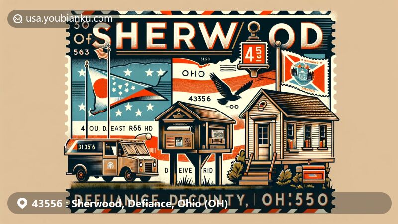 Modern illustration of Sherwood, Defiance County, Ohio, representing ZIP code 43556, showing a blend of postal and regional elements with Ohio state flag.