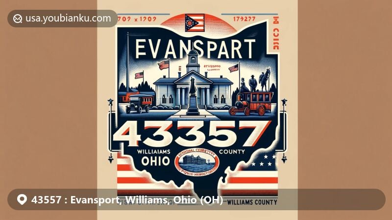 Modern illustration of Evansport, Williams County, Ohio, showcasing postal theme with ZIP code 43557, featuring Civil War memorial honoring Buck Cemetery, Ohio state flag, and Williams County Courthouse postal stamp.