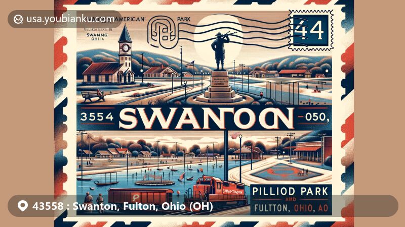 Modern illustration of Swanton, Fulton, Ohio (OH), highlighting landmarks such as the Spirit of the American Doughboy statue in Swanton Memorial Park and the red caboose of Pilliod Park, with verdant landscapes and recreational facilities in the background, featuring a creative postal theme with a vintage-style postcard and air mail envelope displaying the ZIP code 43558 and names of Swanton.