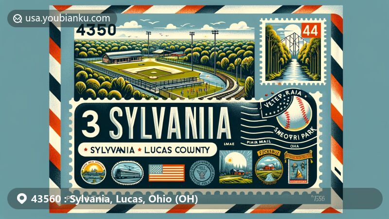 Modern illustration of Sylvania, Lucas County, Ohio, blending postal themes with local landmarks like Veterans Memorial Park, showcasing its community features, historical origins in dense forests and Great Black Swamp, and railway depot history.