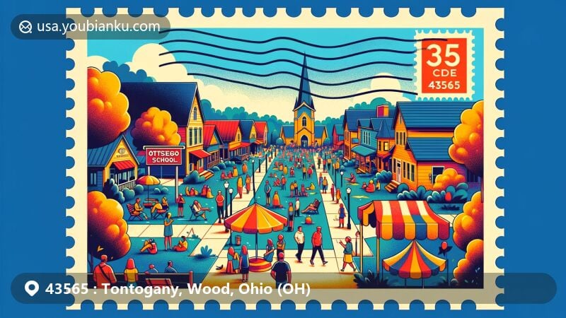 Modern illustration of Tontogany, Ohio, featuring the village charm, ToganyFest celebration, Otsego school campus, and vintage postal theme with ZIP code 43565.
