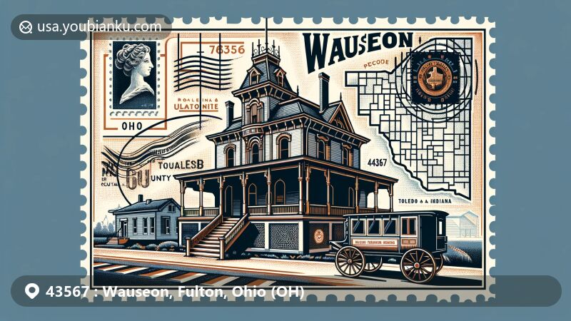 Modern illustration of Wauseon, Ohio, showcasing postal theme with iconic Jones–Read–Touvelle House and Toledo and Indiana Railway, featuring ZIP code 43567.