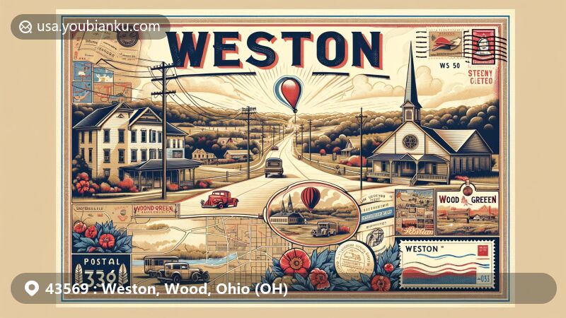 Modern illustration of Weston, Wood County, Ohio, showcasing village charm and regional characteristics with vintage postcard theme featuring ZIP code 43569 and symbolic landmarks.