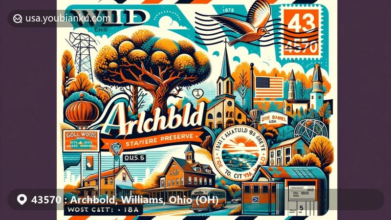 Modern illustration of Archbold, Williams County, Ohio, featuring postal theme with ZIP code 43570, showcasing Goll Woods State Nature Preserve and town's Tree City USA status.