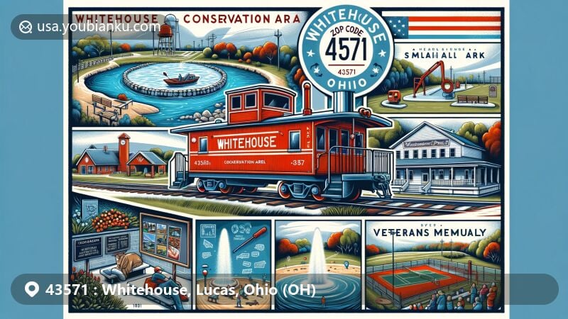 Modern illustration of Whitehouse, Lucas County, Ohio, capturing the essence of the area with Blue Creek Conservation Area, Whitehouse Village Park, Sandra Park's community garden, Wabash Cannonball Railroad Caboose, and Veterans Memorial Park.