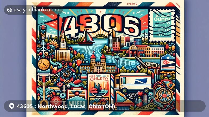 Modern illustration showcasing the beauty of Northwood and Toledo in Lucas County, Ohio, through postal theme with ZIP code 43605, featuring Maumee River, cultural attractions, and vibrant community life.