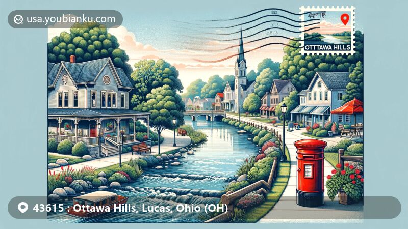 Modern illustration of Ottawa Hills, Lucas County, Ohio, highlighting the Ottawa River and upscale village homes, with postal elements like a vintage postcard, red mailbox, and ZIP code 43615.