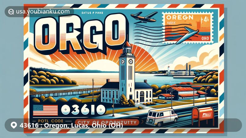 Modern illustration of Oregon, Ohio, postal code 43616, featuring Maumee Bay State Park, postcard with '43616' and 'Oregon, OH', Oregon Municipal Building stamp, postal mailbox, postal van, and 'City of Opportunity' postmark.