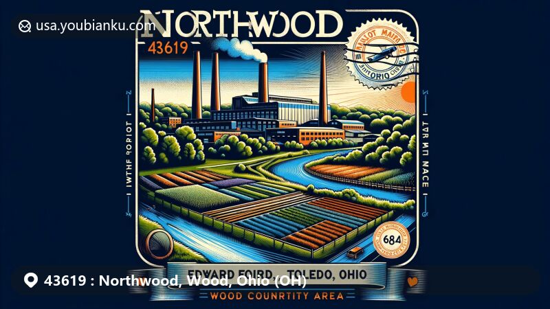 Modern illustration of Northwood, Wood County, Ohio, highlighting postal theme with ZIP code 43619, featuring urban charm, historical significance, and natural beauty.