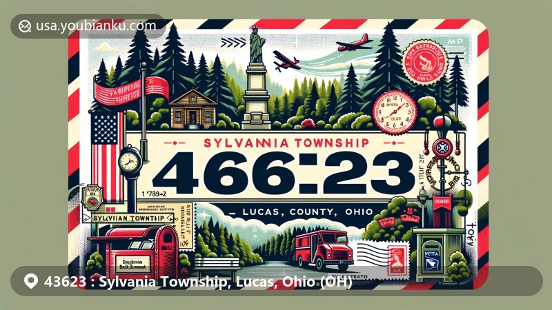 Modern illustration of Sylvania Township, Lucas County, Ohio, showcasing unique features and local landmarks with connections to the Great Black Swamp, original forests, and rich natural and historical heritage.