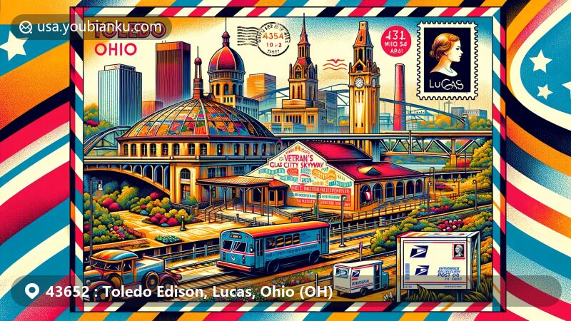 Modern illustration of the Toledo Edison area in Lucas, Ohio, featuring local landmarks like Veteran's Glass City Skyway, Huntington Center, and Wildwood Manor House, set against Toledo's skyline, with postal elements like vintage air mail envelope, postage stamps, postal truck, and mailbox. ZIP code 43652 is highlighted.