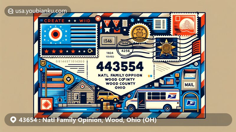 Creative illustration of Natl Family Opinion, Wood County, Ohio, representing ZIP code 43654, featuring Ohio's state flag and postal motifs like stamps, postmark, mailbox, and mail van.