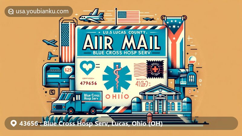 Modern illustration of Blue Cross Hosp Serv, Lucas County, Ohio, with air mail envelope showcasing state symbols and medical theme, featuring ZIP code 43656.