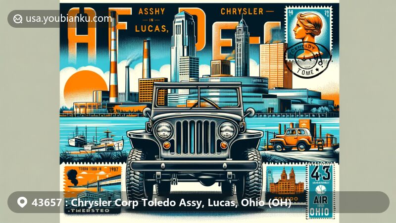 Illustration inspired by Chrysler Corp Toledo Assembly in Lucas, Ohio, featuring vintage Jeep Wrangler, Toledo landmarks, postal theme with postal elements and '43657 - Chrysler Corp Toledo Assy, Lucas, OH' postmark.
