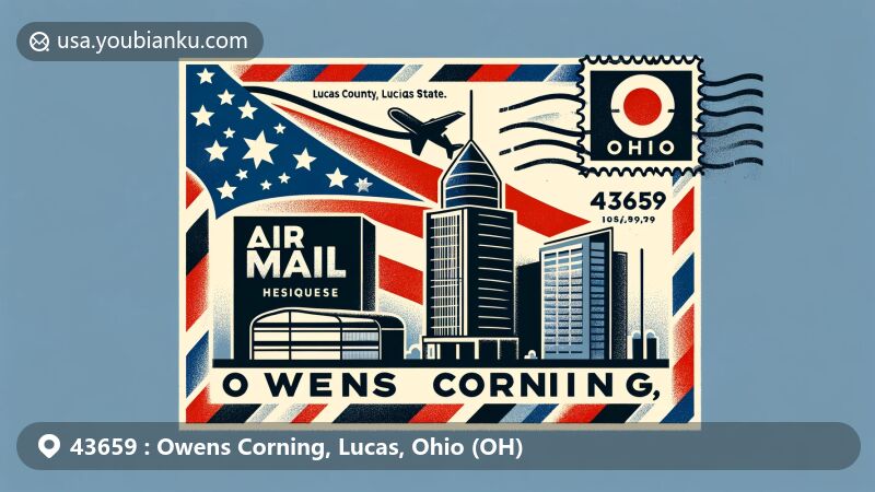 Modern illustration showcasing air mail envelope with Owens Corning HQ silhouette, Ohio flag, and ZIP Code 43659, featuring mailbox design and postmark.