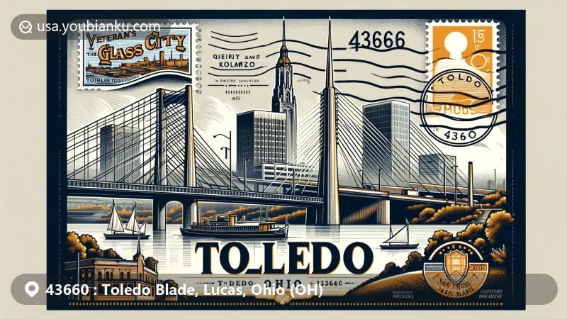 Modern illustration of Toledo, Lucas County, Ohio, highlighting the area with ZIP code 43660, featuring the iconic Veteran's Glass City Skyway Bridge, Erie and Kalamazoo Railroad, urban and natural scenery, and vintage postal elements.