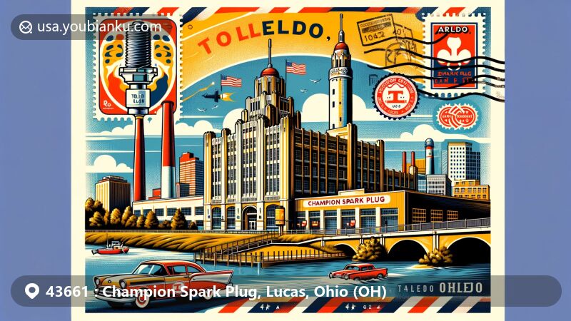 Modern illustration of Champion Spark Plug site in Toledo, Ohio, featuring postal-themed design, iconic red bow tie symbol, Toledo skyline, Maumee River, University of Toledo, vintage postcard format, Champion Spark Plug logo stamps, postmark 'Toledo, Ohio 43661', and air mail envelope border.