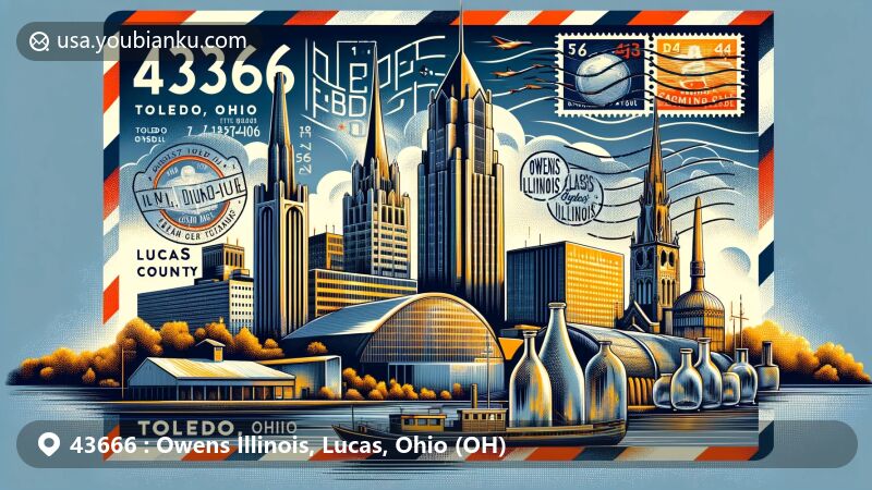Modern illustration of Toledo, Lucas County, Ohio, with postal theme highlighting the skyline featuring One SeaGate (Fifth Third Building), the tallest building in Toledo originally built for Owens-Illinois. The artwork includes elements representing Owens-Illinois' rich glass manufacturing history, such as glass bottles or containers, presented in the style of an airmail envelope with a stamp creatively combining the Toledo skyline and glass manufacturing elements. The overall style is vibrant and contemporary, perfect for web display, ensuring instant recognition of the unique blend of postal history and city landmarks. The depiction is imaginative, not a direct replica of existing images.