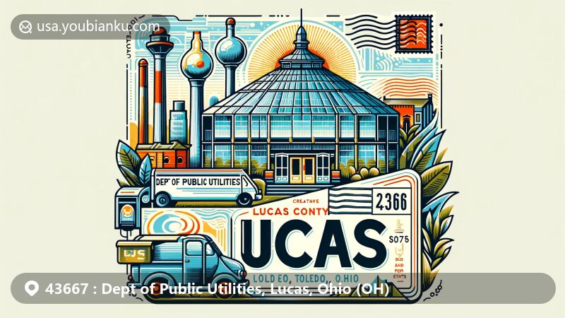 Modern illustration of Toledo Glass Pavilion, Lucas County, Ohio, featuring postal theme with ZIP code 43667, emphasizing glass-making history and vintage postage elements.