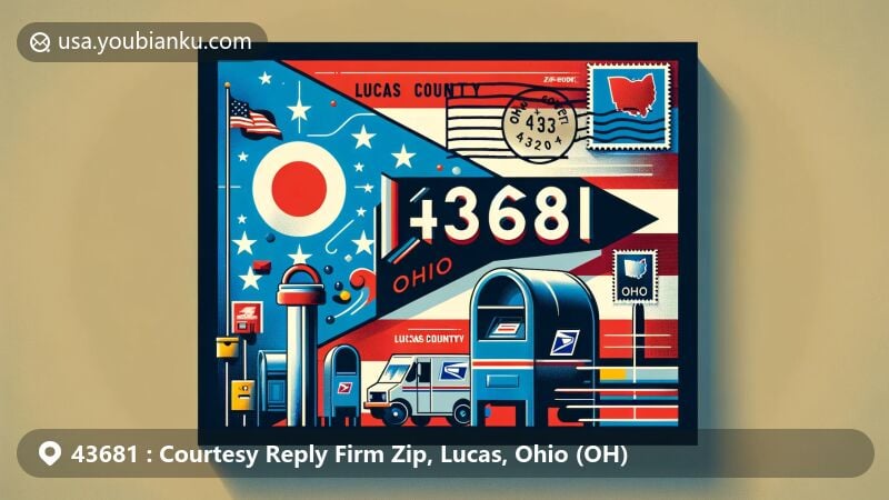 Modern illustration of Lucas County, Ohio, showcasing a postal-themed design for ZIP Code 43681, incorporating the state flag as background, featuring a vibrant postcard with postal elements.