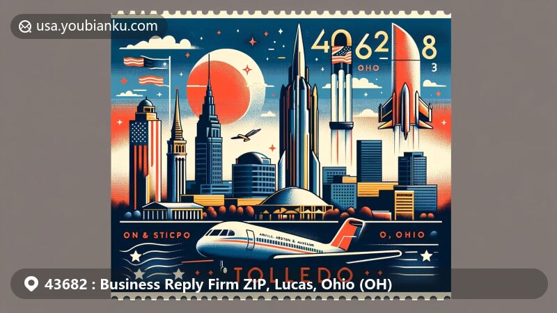 Modern postcard-style illustration of Toledo, Lucas County, Ohio, featuring ZIP code 43682, showcasing cityscape and Armstrong Air & Space Museum, paying tribute to Neil Armstrong's legacy and Ohio's aviation heritage.