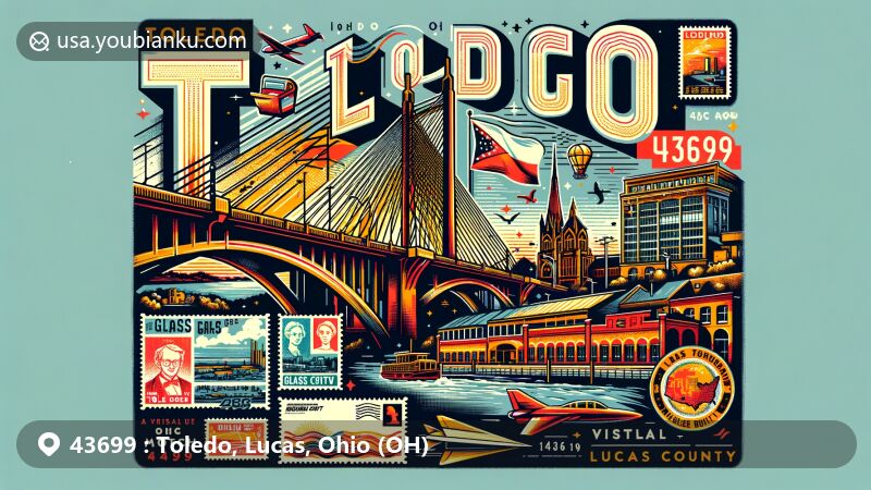 Modern illustration of Toledo, Ohio in Lucas County, featuring postal theme with ZIP code 43699, showcasing landmarks like the Anthony Wayne Bridge and historic Vistula district, along with vintage postcard layout, airmail envelope, and postal stamps.