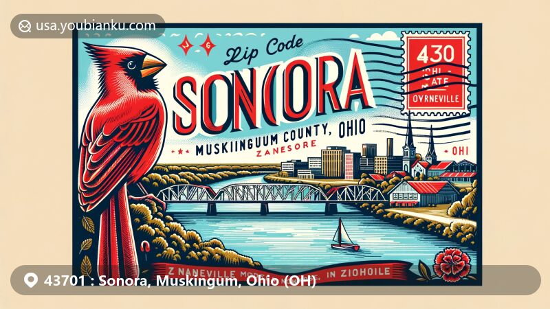 Modern illustration of Sonora area in Muskingum County, Ohio, showcasing postal theme with ZIP code 43701, featuring Muskingum River and Zanesville Y-Bridge.