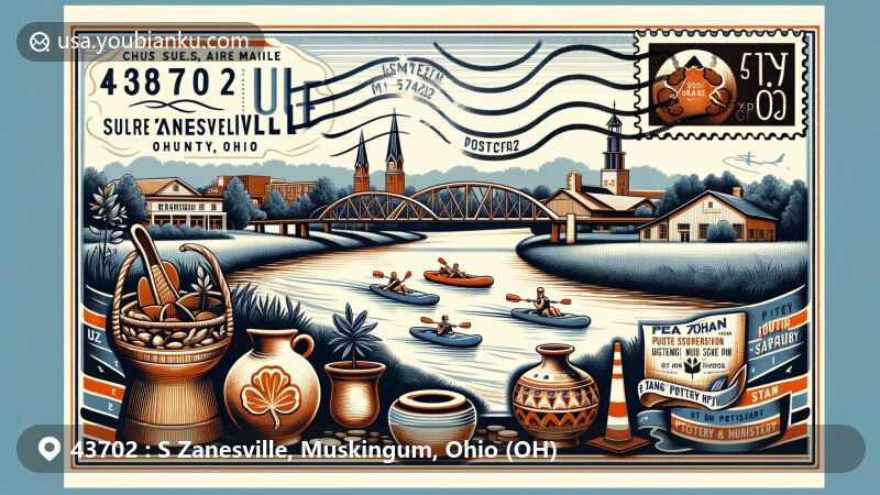 Modern illustration of South Zanesville, Muskingum County, Ohio, as a vintage postcard featuring Muskingum River with water sports, Y-Bridge, pottery heritage, air mail envelope with postal elements, and alpacas from The Alpacas of Spring Acres.