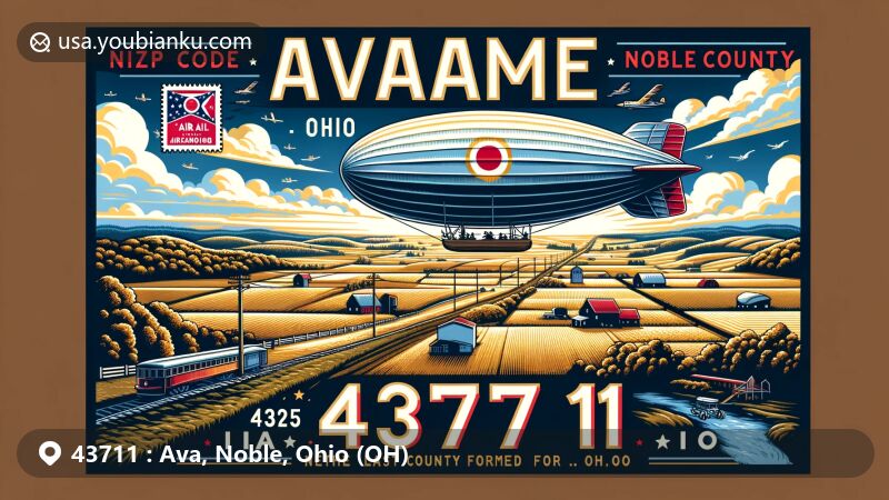 Modern illustration of Ava, Noble County, Ohio, blending aviation and postal themes with homage to USS Shenandoah disaster of 1925, and showcasing rural landscape and Ohio state flag stamp.