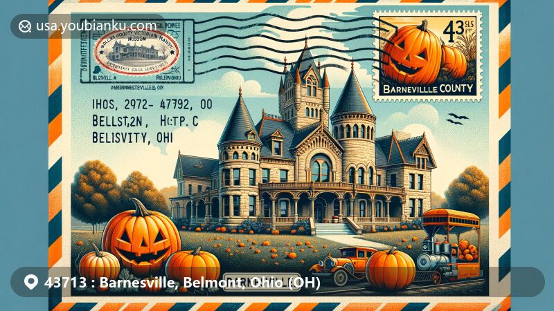 Modern illustration of Barnesville, Belmont County, Ohio, highlighting postal theme with ZIP code 43713, featuring Belmont County Victorian Mansion Museum and elements of Barnesville Pumpkin Festival.