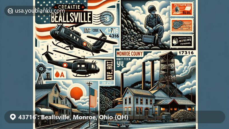 Modern illustration of Beallsville, Ohio, showcasing postal theme with ZIP code 43716, featuring elements reflecting the town's history including the Vietnam War loss and coal mining heritage of Monroe County.