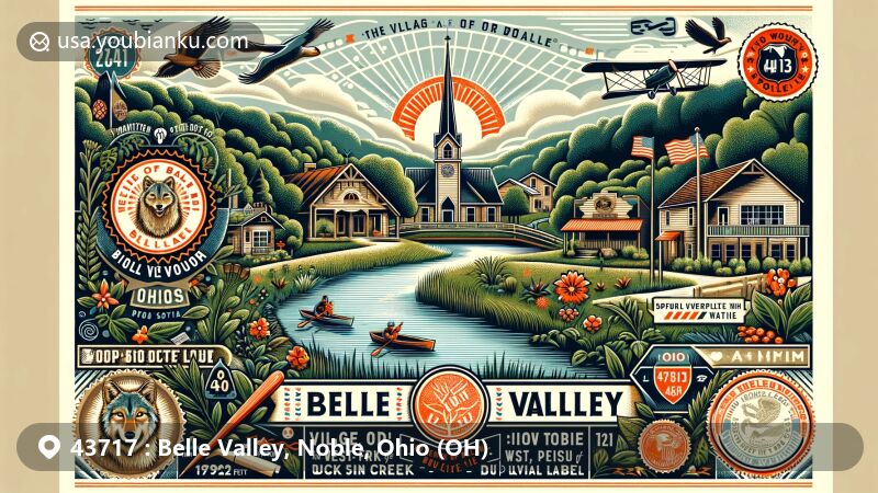 Modern illustration of Belle Valley, Noble County, Ohio, featuring postal theme with ZIP code 43717, showcasing Wolf Run Lake and scenic rural charm of the village along West Fork of Duck Creek.