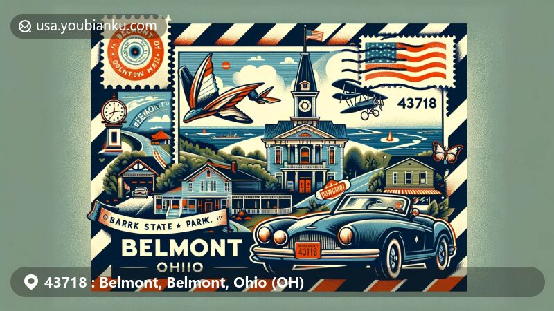 Creative illustration of Belmont, Ohio, ZIP code 43718, blending local culture and landmarks like Barkcamp State Park and Belmont Classic Cars, reflecting its Wrightstown heritage. Vintage air mail envelope backdrop with Ohio state flag stamp and 'Belmont, OH 43718' postal mark, featuring a sketch of local landscape or landmark. Modern style enhances webpage visually, embodying Belmont's small-town charm, nature, history, and community life.