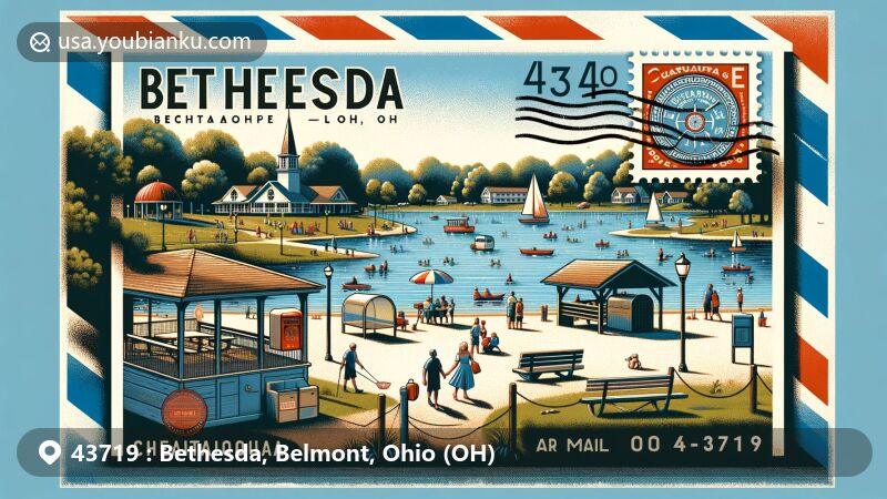 Modern illustration of Bethesda, Ohio, showcasing postal theme with ZIP code 43719, featuring Epworth Park's lake and recreational scenes like fishing, picnicking, and relaxation, embodying community spirit.