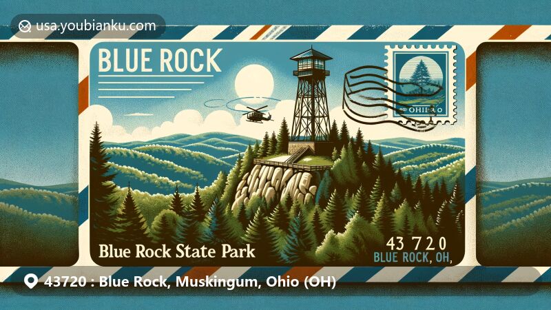 Modern illustration of Blue Rock State Park and Blue Rock Fire Tower in the 43720 postal code area, featuring lush green forests, rugged hills, and the iconic fire tower surrounded by a vintage stamp and postal cancellation.