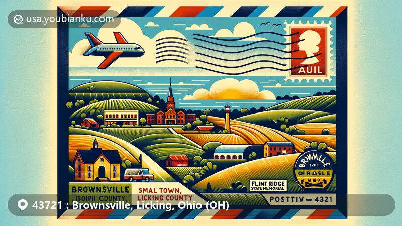 Whimsical illustration of Brownsville, Licking County, Ohio, with air mail envelope design, showcasing rolling hills, farmland, and Flint Ridge State Memorial.