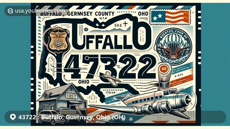 Modern illustration of Buffalo, Guernsey County, Ohio, with ZIP code 43722, showcasing vintage air mail envelope, Guernsey County outline stamp, Buffalo, OH postmark, and Ohio state flag.