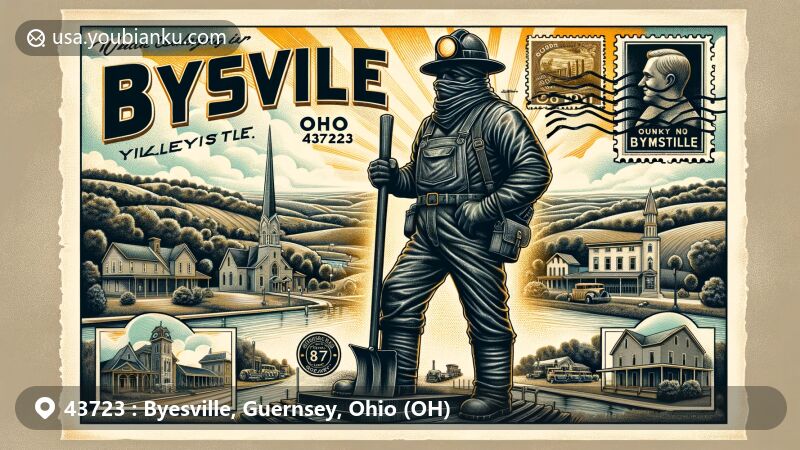 Modern illustration of Byesville, Guernsey, Ohio, showcasing rich history and small-town charm on a vintage postcard theme, featuring coal miner statue, Wills Creek, highways, Ohio state flag, and postal motifs.