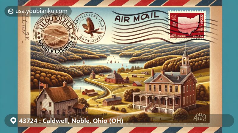 Modern illustration of Caldwell, Noble County, Ohio, highlighting its Appalachian heritage and postal characteristics, featuring Appalachian Hills Wildlife Area, Ball-Caldwell House, Historic Jail Museum, custom postage stamp with Ohio state flag, and ZIP code 43724.