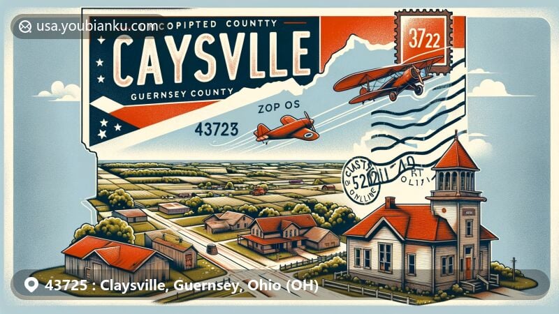 Modern illustration of Claysville area, Guernsey County, Ohio, with ZIP code 43725, showcasing postal theme and rustic charm, featuring aerial view and abandoned schoolhouse.