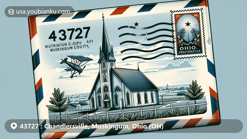 Creative illustration of Chandlersville, Muskingum County, Ohio, on an air mail envelope showcasing ZIP code 43727, featuring Mount Zion Presbyterian Church and Ohio's natural beauty.