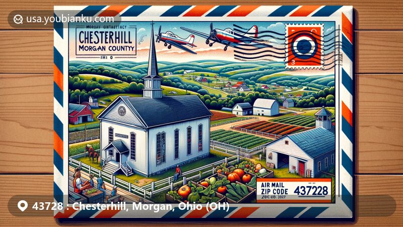 Modern illustration of Chesterhill, Morgan County, Ohio, showcasing postal theme with ZIP code 43728, featuring Quaker Meeting House, Multicultural Genealogical Center, rolling hills, and Ohio state flag.