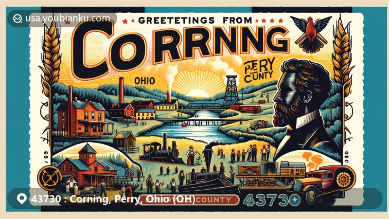 Captivating modern illustration of Corning, Ohio, ZIP code 43730, in Perry County, resembling a vintage postcard. Depicts historical Battle of Corning, labor history, and coal mining heritage, including Sunday Creek's natural beauty.