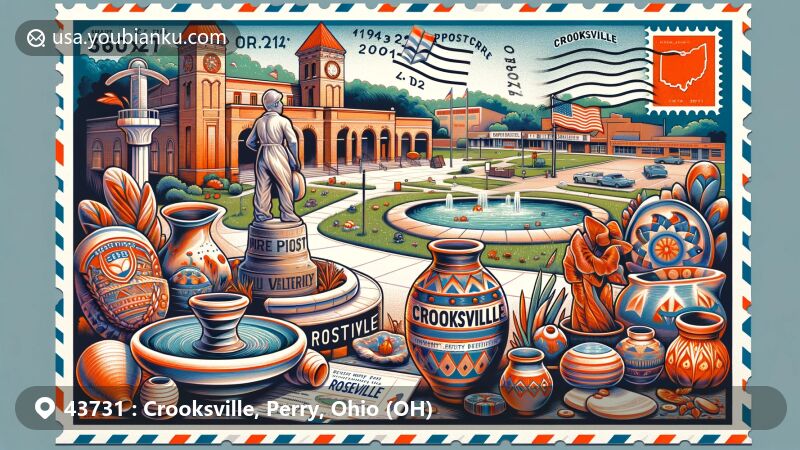 Modern illustration of Crooksville, Ohio, showcasing postal theme with ZIP code 43731, featuring ceramic heritage, annual pottery festival with Roseville, iconic Spirit of the American Doughboy sculpture, and village park with Olympic-sized swimming pool, tennis courts, baseball field, playground, and seasonal pond habitat.