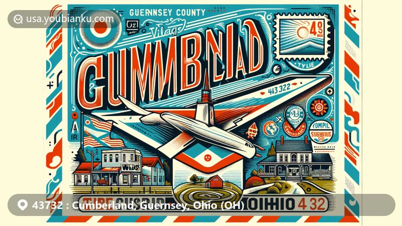 Modern illustration of Cumberland, Ohio, showcasing vintage airmail envelope with ZIP code 43732, featuring The Wilds and Ohio state symbols.