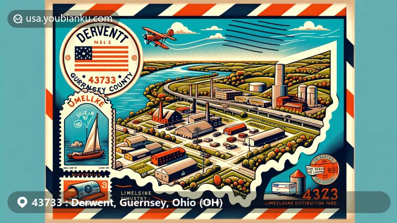 Modern illustration of Derwent, Ohio, postal code area 43733, highlighting limestone industry and scenic views of Senecaville Lake and State Route 313, framed with vintage airmail theme.