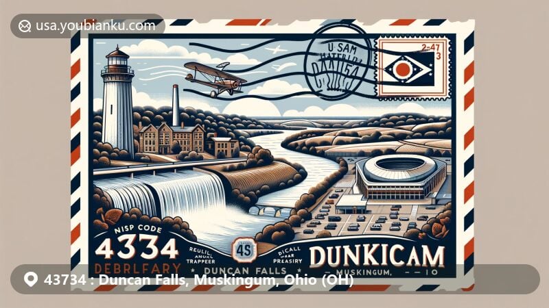 Modern illustration of Duncan Falls, Muskingum County, Ohio, featuring vintage airmail envelope showcasing local landmarks. The artwork includes Major Duncan-themed Duncan Falls, Muskingum River, Butler Pottery, and Sam Hatfield Stadium with a postage stamp depicting Ohio flag and ZIP code 43734 Duncan Falls, OH.
