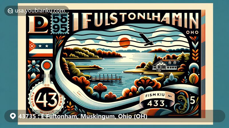 Modern illustration of E Fultonham, Muskingum County, Ohio, featuring a stylized airmail envelope with elements of Ohio's state flag, Muskingum County outline, and Lake Isabella. Symbolic representations of local flora/fauna enhance the scene, along with a prominent display of ZIP code 43735.