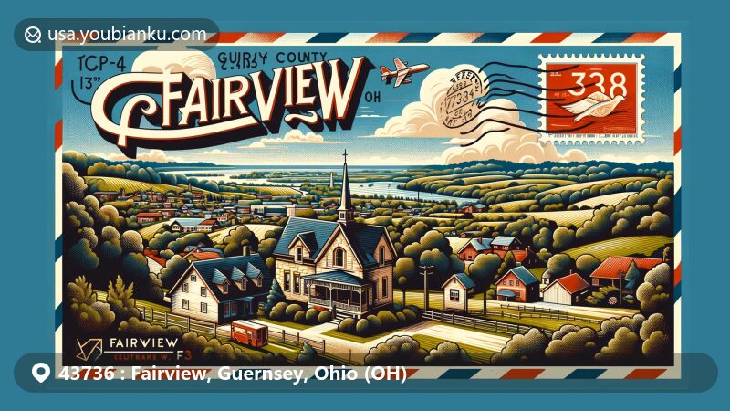 Modern illustration of Fairview, Guernsey County, Ohio, with ZIP code 43736, showcasing rural charm and small-town allure, featuring the Kennedy Stone House and stylized map outline of Guernsey County.